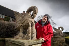 Goddards gardens in  York re-opens with a free weekend for York residents with some statues that were originally located in the gardens for visitors to discover.
Pictured is Tom Longridge, Senior Gardener with the griffin statues.
Picture Bruce Rollinson
28 February 2023.