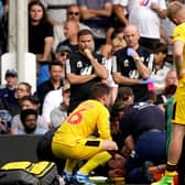 Concern: Sheffield United's Chris Basham, bottom, receives treatment as concerned team-mates look on during the defeat at Fulham (Picture: PA)