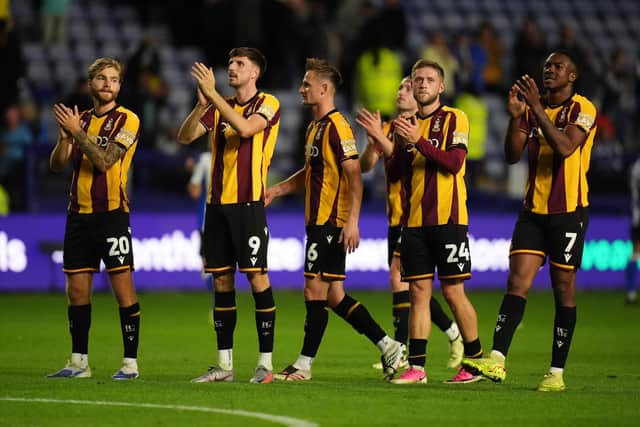 Bradford City players celebrate at the final whistle after the Sky Bet League One match at Hillsborough Stadium, Sheffield. Picture date: Thursday August 20, 2026.