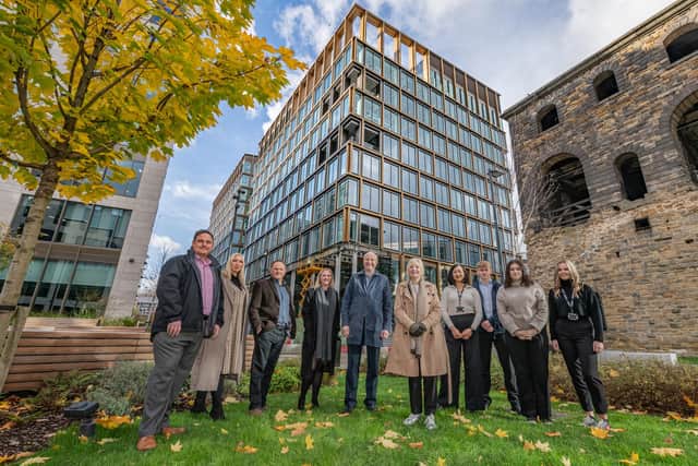 (from left) Craig Havenhand, Arup; Dominique Murray and Paul Pavia, MEPC / Wellington Place; Alex Renton and Tom Bridges, Arup; Tracy Brabin, Mayor of West Yorkshire; Selina Rai, Arup; and Arup apprentices Lewis Triggs, Jess Cook and Hollie Geeson. Picture: Bevan Cockerill