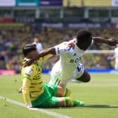 Borja Sainz was not penalised for what appeared to be a foul on Leeds United's Wilfried Gnonto. Image: Stephen Pond/Getty Images