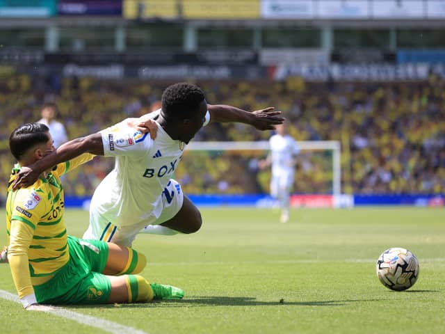 Borja Sainz was not penalised for what appeared to be a foul on Leeds United's Wilfried Gnonto. Image: Stephen Pond/Getty Images