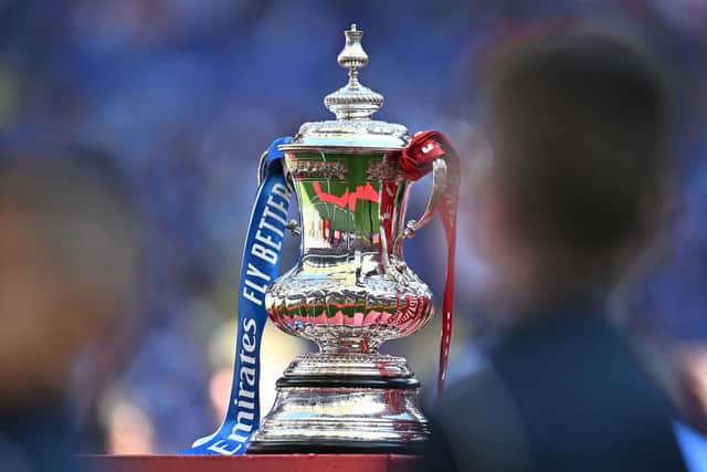 The FA Cup Trophy is displayed prior to the English FA Cup final football match between Chelsea and Liverpool, at Wembley stadium, in London, on May 14, 2022. (Photo by BEN STANSALL/AFP via Getty Images)
