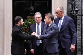 Ukrainian President Volodymyr Zelensky, Prime Minister Sir Keir Starmer, French President Emmanuel Macron and German Chancellor Friedrich Merz outside Number 10 Downing Street. PIC: Jonathan Brady/PA Wire