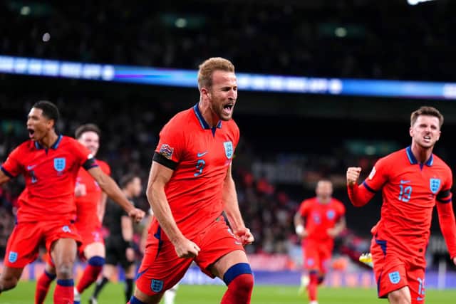 SPOT ON: England's Harry Kane celebrates scoring their side's third goal of the game from the penalty spot at Wembley Picture: John Walton/PA