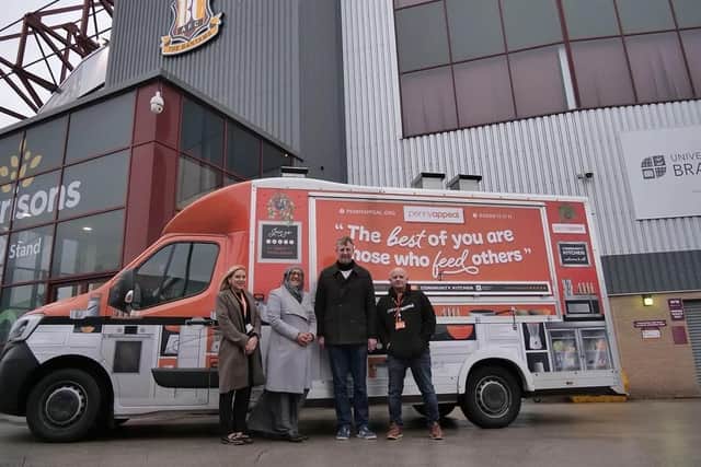 Penny Appeal's food truck will be set up every Thursday evening beside BCAFC's iconic stadium. Photo released January 9 2024. See SWNS story SWLNfood. A football club is offering free food to people after home games.A food truck will be parked outside Bradford City's home ground between 6 and 7pm on match days.It will also be open on a Thursday evening between 6 and 6.45pm from this week (Jan 11).Bradford City Community Foundation and charity partner Penny Appeal are running it.Unused food from the City Hub, which is run by the club's charitable arm and open before every home match, will be donated to the truck to help eliminate food waste.

