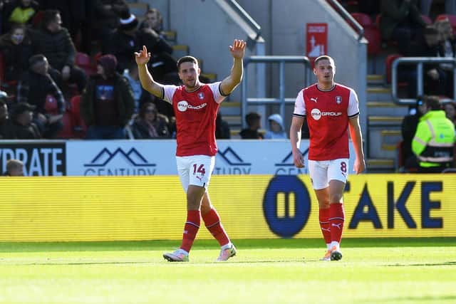 Rotherham United's Conor Washington celebrates his fine opener against Huddersfield Town. Picture: Jonathan Gawthorpe.