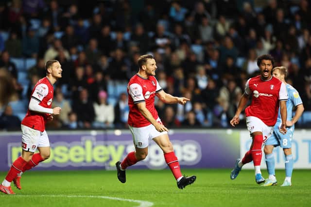 COVENTRY, ENGLAND - OCTOBER 25: Conor Washington of Rotherham United celebrates after scoring during the Sky Bet Championship between Coventry City and Rotherham United at The Coventry Building Society Arena on October 25, 2022 in Coventry, England. (Photo by Catherine Ivill/Getty Images)