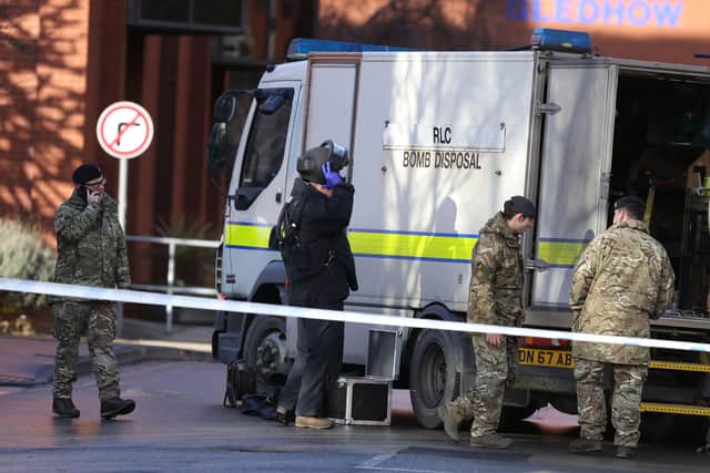Mohammed Farooq, 28, was arrested at St James’s Hospital in Leeds after a patient talked him out of detonating the device, a jury was told during his trial at Sheffield Crown Court. Pictured is a bomb disposal unit at the hospital during the incident.