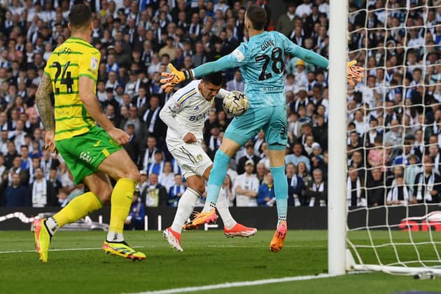 NERVE SETTLER: Joel Piroe heads in Leeds United's second goal