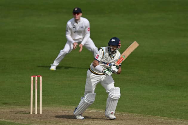 Shan Masood plays the ball away en route to his third County Championship century for Yorkshire. Photo by Dan Mullan/Getty Images.
