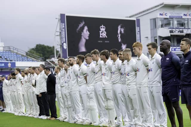 The players and coaches of Yorkshire and Essex stood for a minute's silence in honour of Her Majesty Queen Elizabeth II before the start of the match on Monday. Photo by Allan McKenzie/SWpix.com