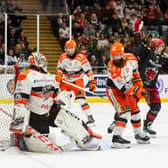 NOT TONIGHT: Cardiff Devils celebrate one of their goals in the 4-0 win over Sheffield Steelers at the Vindico Arena on Wednesday night. Picture: James Assinder/Devils and EIHL Media.