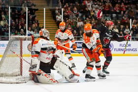 NOT TONIGHT: Cardiff Devils celebrate one of their goals in the 4-0 win over Sheffield Steelers at the Vindico Arena on Wednesday night. Picture: James Assinder/Devils and EIHL Media.