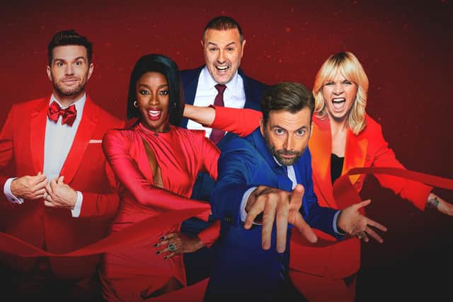 Joel Dommett, AJ Odudu, Paddy McGuinness, David Tennant, and Zoe Ball will present Comic Relief Red Nose Day 2023. Photo: BBC/PA