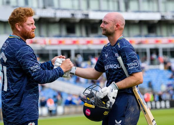 Yorkshire captain Jonny Bairstow consoles Adam Lyth after he was last out for 97 against Gloucestershire. Picture by Allan McKenzie/SWpix.com