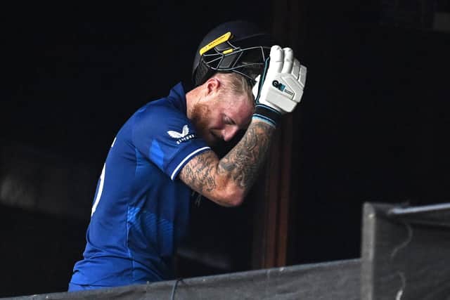 Ben Stokes can't hide his frustration after his dismissal in Bangalore. Photo by Dibyangshu Sarkar/AFP via Getty Images.