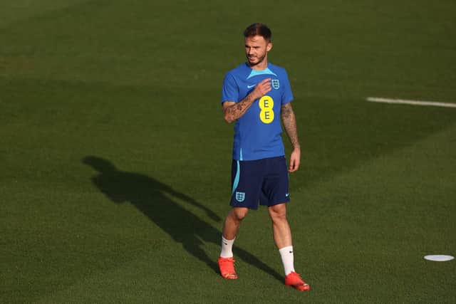 DOHA, QATAR - DECEMBER 05: James Maddison warms up during a training sessions on the day after the Round of 16 match against Senegal at Al Wakrah Stadium on December 05, 2022 in Doha, Qatar. (Photo by Alex Pantling/Getty Images)