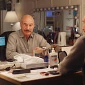 Patrick Stewart poses in his dressing room at the Lyceum Theater in New York on Tuesday, April 1, 2008, where he is starring in a production of "Macbeth." (AP Photo/Rick Maiman, File)
