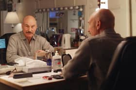 Patrick Stewart poses in his dressing room at the Lyceum Theater in New York on Tuesday, April 1, 2008, where he is starring in a production of "Macbeth." (AP Photo/Rick Maiman, File)