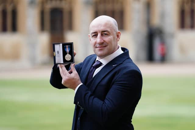Steven Gallant after being decorated with the Queen's Gallantry Medal at an investiture ceremony at Windsor Castle. (Photo by Jordan Pettitt - WPA Pool/Getty Images)