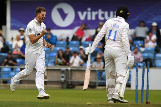 LV= COUNTY CHAMPIONSHIP - DIVISION TWOYorkshire v Sussex.Yorkshire's Ben Coad celebrates the wicket of Oli Carter.19th July 2023Picture Jonathan Gawthorpe