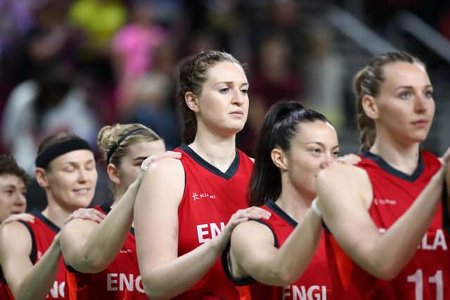 Hannah Shaw of England (C) looks on during the national anthem prior to the Women's Gold Medal Game on day 10 of the Gold Coast 2018 Commonwealth Games at Gold Coast Convention Centre on April 14, 2018 on the Gold Coast, Australia. (Picture: Hannah Peters/Getty Images)