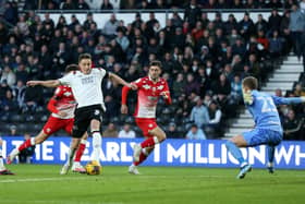 DOUBLE TROUBLE: Derby County's Craig Forsyth scores his side's second goal against Barnsley at Pride Park Picture: Barrington Coombs/PA
