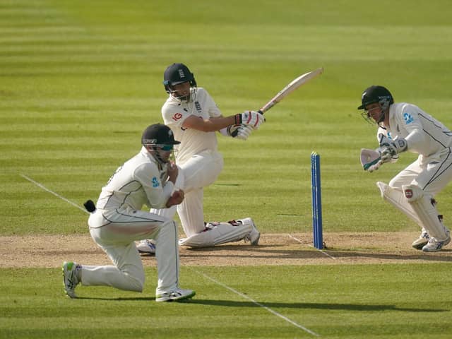 England's Joe Root bats at a test match at Lord's in 2021.