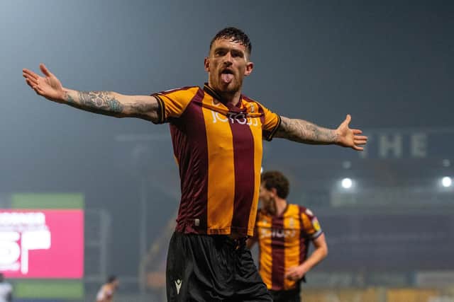 Andy Cook celebrates scoring Bradford City's second goal in their victory over former club Tranmere Rovers in February. Picture: Bruce Rollinson.
