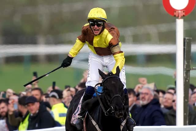 Paul Townend celebrates winning the Boodles Cheltenham Gold Cup Chase aboard Galopin Des Champs on day four of the Cheltenham Festival at Cheltenham Racecourse. Picture date:(Picture: Mike Egerton)