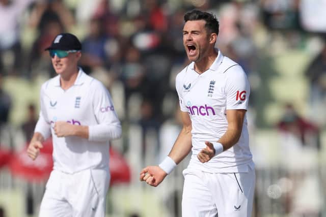 James Anderson celebrates the wicket of Mohammad Rizwan on the final day in Rawalpindi, with Yorkshire's Harry Brook all smiles in the background. Photo by Matthew Lewis/Getty Images.