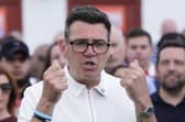 Labour party candidate Andy Burnham at Ashton Town FC in Ashton-in-Makerfield, after winning the Makerfield by-election which was triggered by the resignation of Josh Simons.
