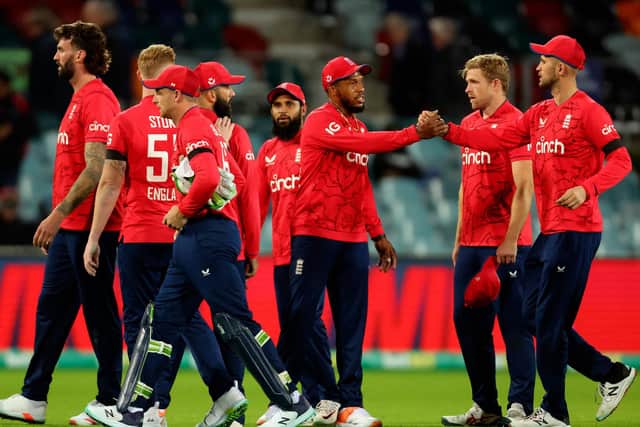 CLINCHER: England players celebrate victory at the Manuka Oval in Canberra in the second cricket match of the Twenty20 series against Australia  Picture: David Gray/AFP/Getty Images