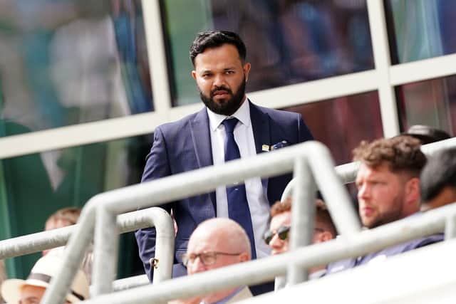 Azeem Rafiq (centre) in the stands during day three of the third LV= Insurance Test Series Match at Emerald Headingley Stadium, Leeds. Mike Egerton/PA Wire.