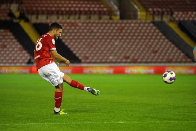 Ziyad Larkeche scores Barnsley's second goal from a free kick against Newcastle U21s. Picture: Bruce Rollinson