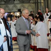King Charles pictured on his Visit to York Minster. The King meets the Choir boys and Girls in the Minster. Picture by Simon Hulme 9th November 2022