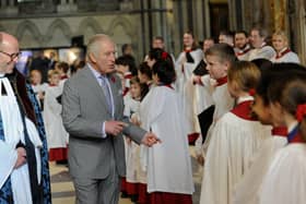 King Charles pictured on his Visit to York Minster. The King meets the Choir boys and Girls in the Minster. Picture by Simon Hulme 9th November 2022