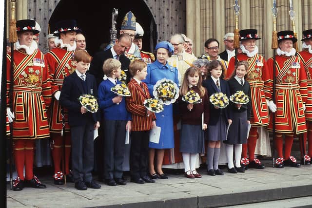 Her Majesty The Queen Elizabeth and the Duke of Edinburgh Prince Philip at Ripon Cathedral after giving out Maundy money in 1985
