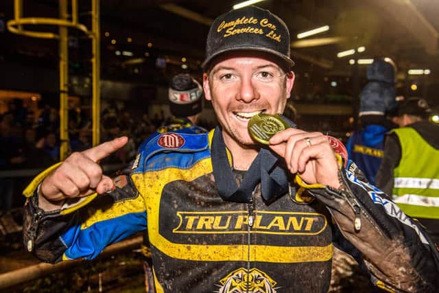 Sheffield team captain Kyle Howarth with his Premiership winners medal after the Sports Insure Premiership Grand Final Second Leg against Ipswich Witches at Owlerton Stadium (Picture: Ian Charles | MI News)