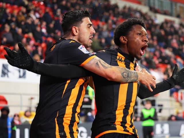 CONFIDENCE: Hull City's Jaden Philogene celebrates scoring his team's first goal against Rotherham United at the AESSEAL New York Stadium Picture: Matt McNulty/Getty Images