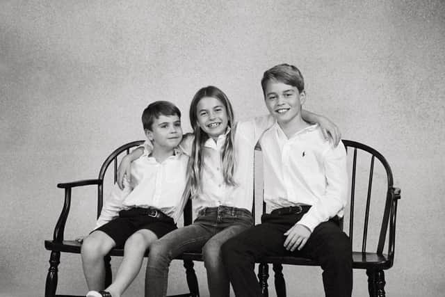 (L-R) Britain's Prince Louis of Wales, Britain's Princess Charlotte of Wales and Britain's Prince George of Wales posing for an official photograph taken by Josh Shinner.
