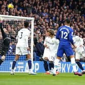 SOLE SCORER: Chelsea's Wesley Fofana (second right) watches as his header loops over Leeds United goalkeeper Illan Meslier and into the net at Stamford Bridge, London. Picture: Adam Davy/PA