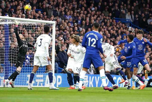 SOLE SCORER: Chelsea's Wesley Fofana (second right) watches as his header loops over Leeds United goalkeeper Illan Meslier and into the net at Stamford Bridge, London. Picture: Adam Davy/PA