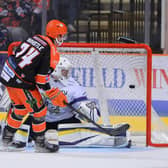 NICELY DOES IT: Brandon Whistle scores a penalty shot to make it 5-0 to Sheffield Steelers against Manchester Storm. Picture courtesy of Dean Woolley/EIHL.