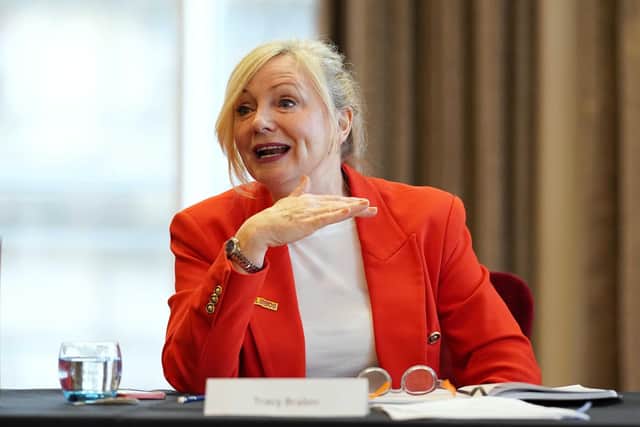 LEEDS , ENGLAND - MAY 19: Tracy Brabin, Mayor of West Yorkshire speaks during a meeting with Labour Party leader, Keir Starmer and Labour's six northern metro Mayors, on May 19, 2022 in Leeds , England. (Photo by Ian Forsyth/Getty Images)