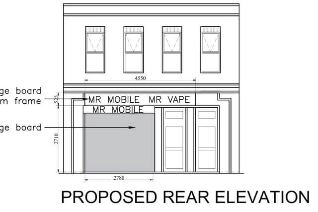 Elevations for signs installed at the rear of Mr Mobile Mr Vape, in Front Street, Acomb, York. Picture is from York Council's planning portal, available for all LDRS partners to use.