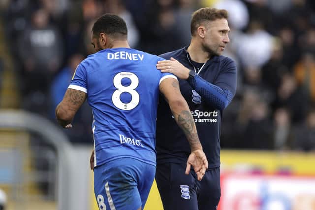 Birmingham City's Troy Deeney (left) is congratulated by manager John Eustace (Picture: PA)