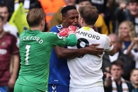 Patrick Bamford and Yerry Mina clashed in the Premier League when Leeds United faced Everton. Image: Marc Atkins/Getty Images