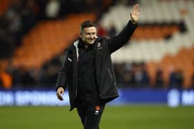 Sheffield United manager Paul Heckingbottom celebrates after the Sky Bet Championship match at Bloomfield Road, Blackpool. Picture: Tim Markland/PA.